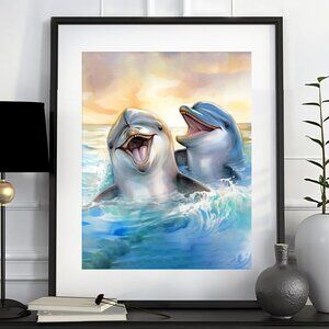 8x10 Happy Dolphins Playing Splashing Watercolor Oil‎ Painting Fantasy Art Print